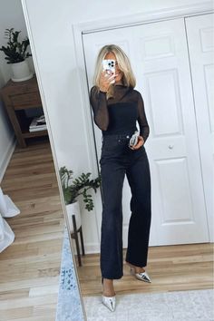 TreatingTheStreetsLikeARunway on LTK Sheer Bodysuit, Going Places, Loose Jeans, Going Out Outfits, Wardrobe Style, Clothes Pins, Autumn Winter Fashion, Black Pants, Fashion Forward