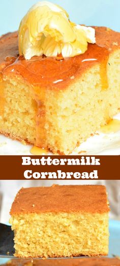 the cake has been cut into pieces and is topped with buttermilk cornbread