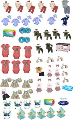 an assortment of baby clothes and toys are shown in this graphic style, including ones that look like they have been made out of paper