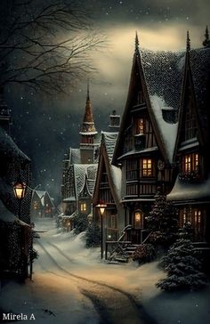 a painting of a snowy village at night