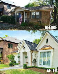 before and after pictures of a brick house with white trim on the windows, front door and second story