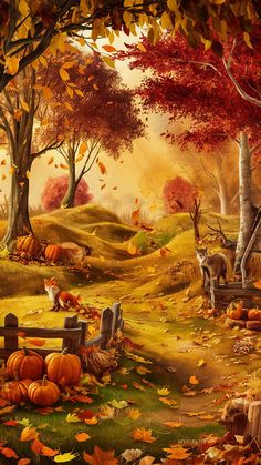 an autumn scene with pumpkins and deer