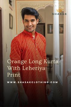 Shasak clothing: Buy orange long kurta for men with lehriya print.