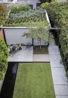 an aerial view of the garden and patio from above, looking down on the lawn