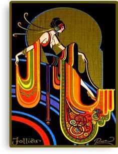 an art nouveau painting with a woman in orange and yellow dress on a black background