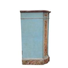 an old blue cabinet with marble top and wooden trimmings on the bottom, against a white background