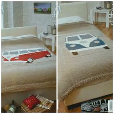 two pictures of a bed with a red and white bus on the cover, one is made out of yarn