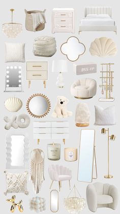 a collage of white furniture and accessories in various sizes, shapes, and colors