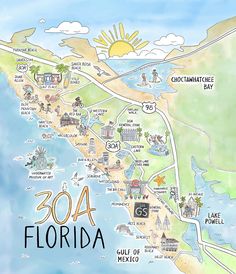 a map of florida with the names and cities on it's side, along with an image of a beach