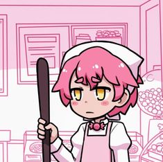 an anime character with pink hair holding a baseball bat in front of a kitchen background