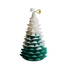 a green and white christmas tree with bells on it's top, sitting in front of a white background