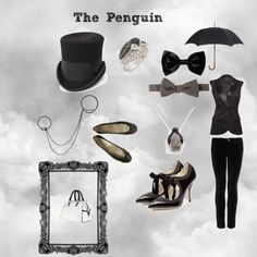 the penguin is wearing all black and holding an umbrella over his head, with other accessories surrounding him