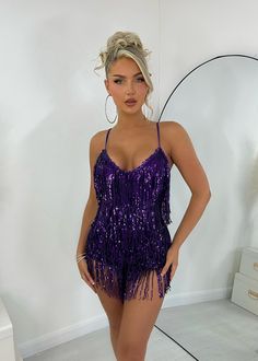 Life's a party in our 'Shake It Off Playsuit' featuring purple tiered tassels draped all over the body for a bold look you can dance all night in. Also including a V-cut neckline and thigh skimming length, it's sure to get you noticed. Team it with some strappy heels for a dreamy look. Playsuit Fringe detail Lined V- Cut neckline Colour - Purple Our DressMeZee model Jess is 5ft6' and wears a size XS 6. Corset Styles, Dance All Night, Long Sequin Dress, Long Sleeve Sequin Dress, Beach Dresses Summer, Embellished Gown, Shake It, Swimwear Dress, Beach Wear Dresses