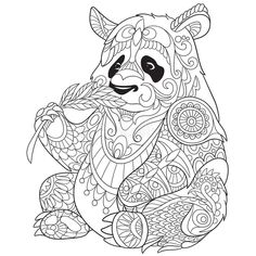 a panda bear sitting on the ground and eating bamboo in its paws coloring book page