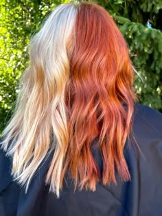 Copper Half And Half Hair, Split Dyed Hair Fall Colors, Auburn Split Dye, Blonde And Copper Split Hair, Split Dye Color Combos, Split Hair Color Ideas Blondes, Fashion Hair Color Trends 2023, Copper Split Dye Hair, Hair Dye Ideas Half And Half