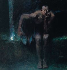 a painting of a man sitting in the dark