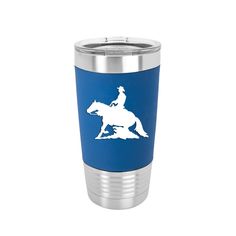 a blue and silver tumbler with a white silhouette of a man riding a horse