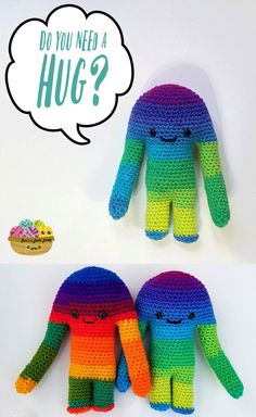 two crocheted stuffed animals with a thought bubble above them that says do you need a hug?