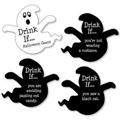 four black and white stickers that say drink if, drink if, drink if