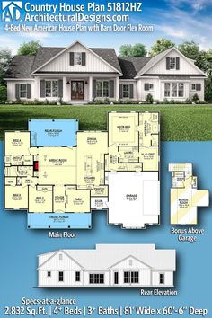 the country house plan is shown with two story and three car garages on each floor