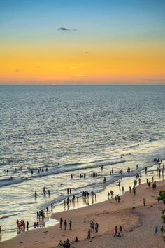 many people are on the beach at sunset