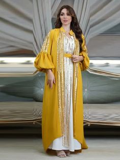 Introducing our stunning Diamonds Sequins Muslim Kaftan Dress Set, designed to captivate with its elegance and charm. This exquisite ensemble features intricate sequin and diamond embellishments, adding a touch of sparkle and luxury to your wardrobe. Crafted with meticulous attention to detail, both the robe and accompanying dress boast a timeless design that effortlessly blends traditional Islamic fashion with contemporary style.Elevate your modest fashion game with this versatile 2-piece set, Party Long Dress, Outer Dress, Abaya Kimono, Gold Sequin Dress, Muslim Outfits, Evening Dresses Short, Muslim Dress, Abaya Dress, Modest Wear