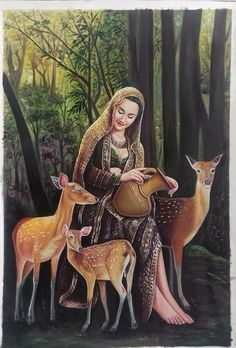 a painting of a woman with deer in the woods next to her and two fawns