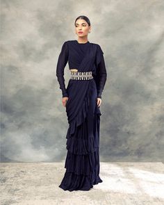 Black Ruffle Saree, Bhumika Sharma, Ruffled Saree, Navy Blue Saree, Saree With Belt, Full Sleeve Blouse, Work Belt, Ruffle Saree, Draped Blouse