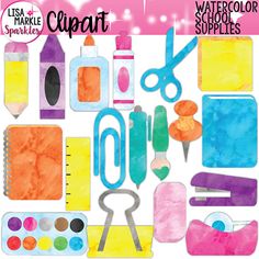 watercolor supplies clipart with scissors, pencils, markers, and other items