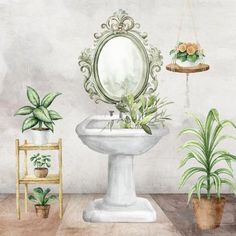 a bathroom scene with a sink, mirror and potted plants