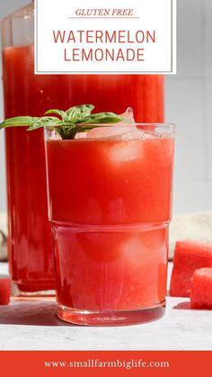 two glasses filled with watermelon lemonade next to sliced watermelon cubes