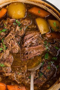 a pot full of stew with carrots, potatoes and meat in broth on the side