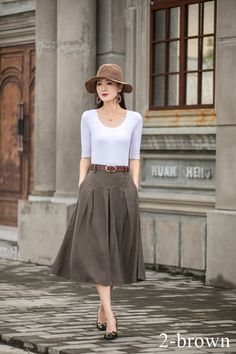 "DETAIL * 50% linen, 50% cotton * Two side pockets * Back Elastic waist * Below knee length * A linen skirt * Plus size skirt * Perfect for summer, spring * Wash by hand or machine with cold water * The model is 170cm (5′ 7″) tall with a 80cm (31.5\") bust, 66cm (26\") waist. She is wearing a XS in red. * Choose CUSTOM Order if you Can't find your size in our size Chart Chang the Length Your Height is not Between 5'1\" - 5\"9\" Your weight is not Between 47 kg - 75 kg SIZE GUIDE Size vary betwee Cotton Pleated Skirt With Pockets And Relaxed Fit, Cotton Pleated Skirt With Pockets, Linen A-line Skirt For Workwear, A-line Linen Skirt For Work, Casual A-line Pleated Skirt With Pockets, Fall Cotton Pleated Skirt With Pockets, Casual Linen Skirt For Fall, Knee-length Linen Skirt For Work, Casual Full Pleated Skirt With Pockets