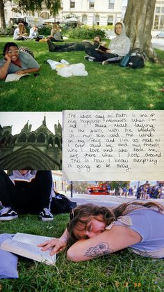 two pictures with people sitting on the grass and one is writing in a notepad