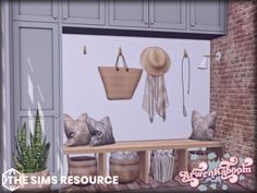 the sims resource is displayed in front of a brick wall and cabinets