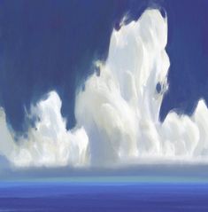 an abstract painting of clouds in the sky over water with blue and white colors behind them