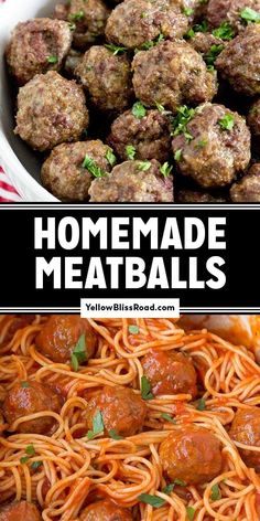 meatballs and spaghetti in a bowl with text overlay that reads homemade meatballs