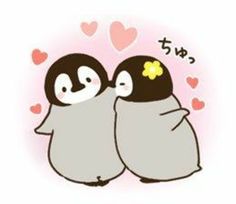 two penguins hugging each other with hearts in the background