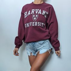 Vintage Harvard University Crewneck Sweatshirt Logo on the Front Model is 5'10" 50% Cotton, 50% Polyester Some faint discolouration throughout Size Tags have been removed - fits similar to a Women's Large but can fit smaller or larger depending on the fit you're looking for.   Happy to provide any and all Measurements 😊 ★ This is not a new item, it has been up-cycled, distressed and reworked.  Any imperfections or signs of wear such as pilling, distressing, small marks or discolouration are des Casual Long Sleeve Sweater For Campus, Relaxed Fit Long Sleeve Sweater For Casual Wear, Fall Campus Crew Neck Tops, Crew Neck Tops For Campus Fall Season, Crew Neck Tops For Campus In Fall, Vintage Long Sleeve Tops For Campus, Collegiate Crew Neck Top For Campus, Casual Crew Neck Sweater For Campus, Oversized College Style Tops For Fall