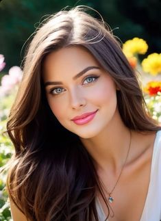 a beautiful woman with long hair and blue eyes posing for a photo in a field of flowers