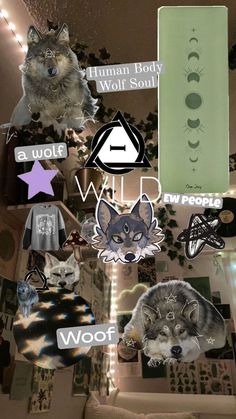 a collage of various stickers and decals in the shape of wolf heads