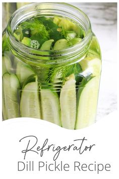 pickled cucumbers in a mason jar with dill on the side and text overlay that reads refrigerator dill pickle recipe