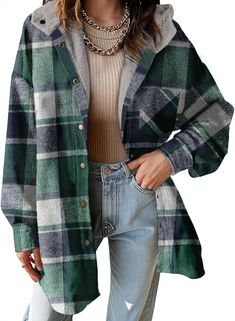 PRICES MAY VARY. [Material]-the womens shacket jacket made with high quality polyester.The flannel fabric is soft, wear-resistant, and has good warmth retention.Soft to the touch and comfortable to wear. [Feature]new plaid print,chest flap pocket,single button on cuff,oversized fit,drop shoulder,high quality flannel, loose style with a chic look.Womens fashion shacket [Shackets for women ]-so versatile is our flannel button down pocket top that can be worn open as a jacket or closed as a shirt!L Flannel Shirts For Women, Sew Jacket, Fall Collection 2022, Shacket Outfits, Outfits Flannel, Fall Outfits Flannel, Casual Evening Wear, Shacket Outfit, Winter Fashion Women