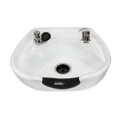 a white sink with black trim and faucet on the side, against a white background