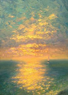 an oil painting of a sunset over the ocean