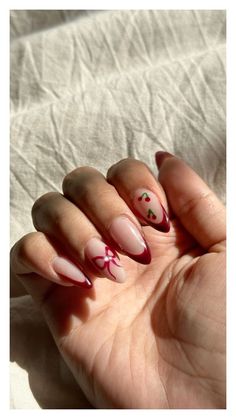 Indulge in the rich, romantic hue of cherry wine nails, perfect for adding a touch of sophistication to any look, day or night. Easy Cherry Nails, Cherry Bow Nails, Cherry Red French Tip Nails, Cherry Cola Nails, Sharp Almond Nails, Red Cherry Nails, Black Nail Tips