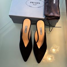 Hormons Prada Shoes Size 10 Black Black Calf Leather Slip-on Heels, Black Slip-on Calf Leather Heels, Luxury Black Suede Heels, Luxury Black Slip-on Heels, Designer Black Slip-on Heels, Designer Black Heels With Deep Heel Cup, Prada Shoes, Mule Clogs, Mules Shoes