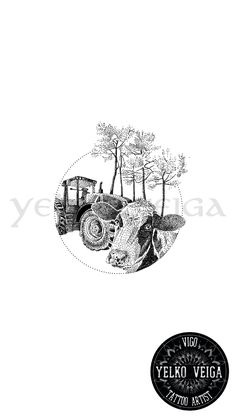 a black and white drawing of a farm vehicle with trees in the background, next to a logo for yelko veiga