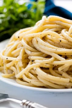 a white plate topped with spaghetti next to a green leafy salad on a table