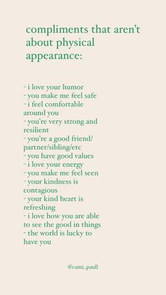 a poem written in green and white with the words compliments that aren't about physical appearance